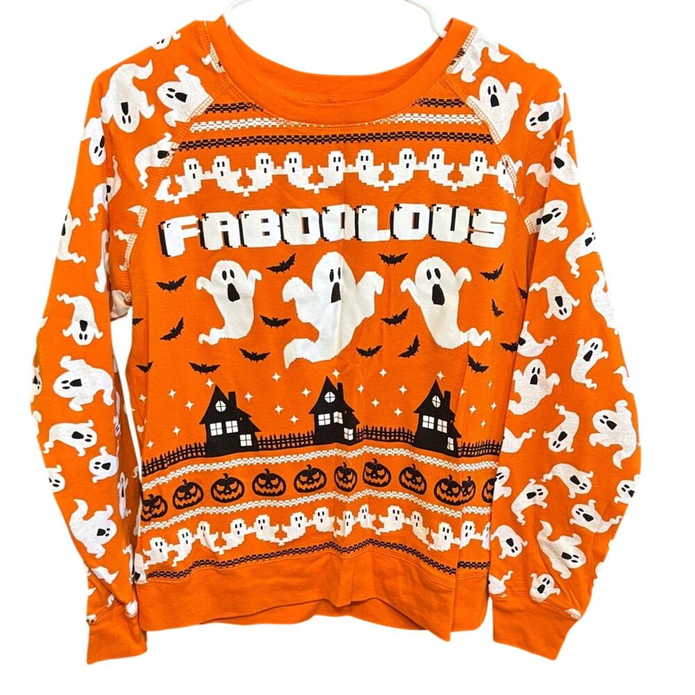 Halloween Ghost Sweatshirt Juniors Large Orange FABOOLOUS Graphic Sweater